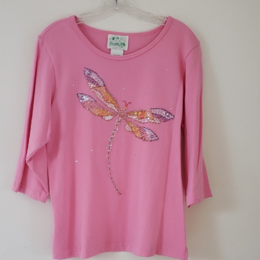 Quacker Factory Women's Pink Dragonflies embellishe Knit Top 3/4 Sleeve, Size M